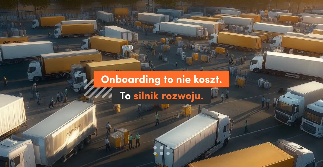 plac z ciężarówkami i napis odnośnie tego, że onboarding jest silnikiem rozwoju