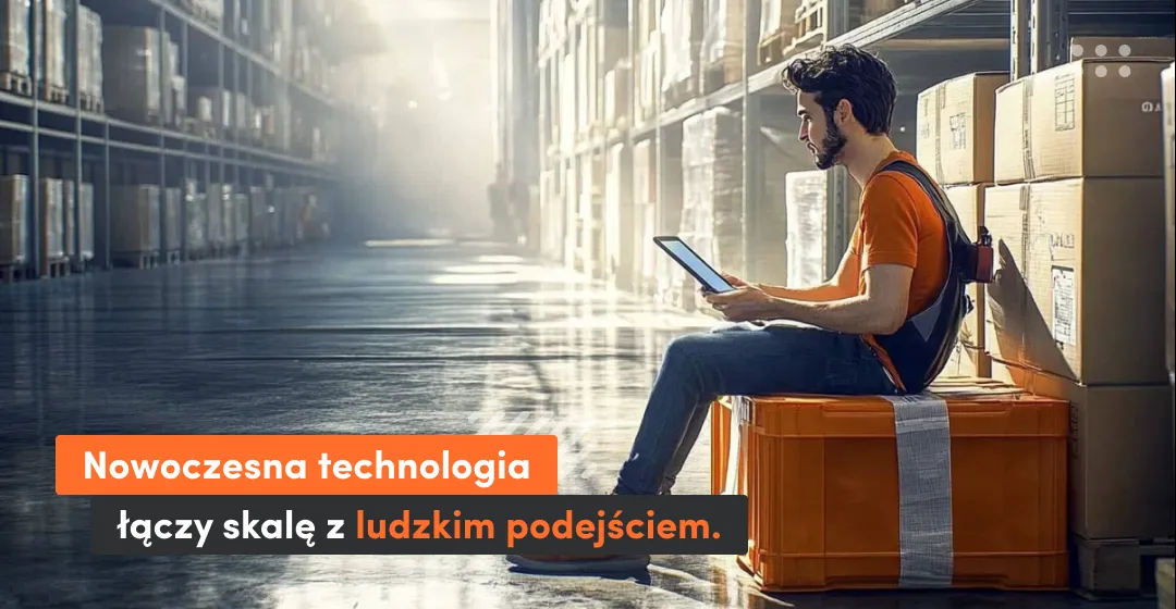 facet siedzący z laptopem i napis o nowoczesnej technologii